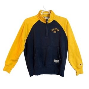 Champion 1919 Quarter Zip Sweatshirt Navy Yellow Mens Medium Organic Cotton